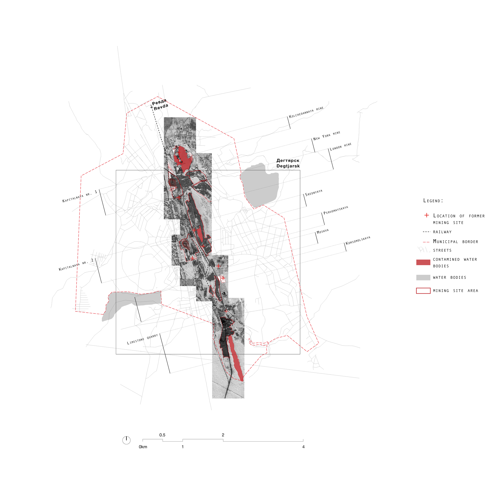 Figure 3. Mapping of former mining facilities and polluted water bodies. Alltogether they form a clear fracture in the urban texture of Degtjarsk.
