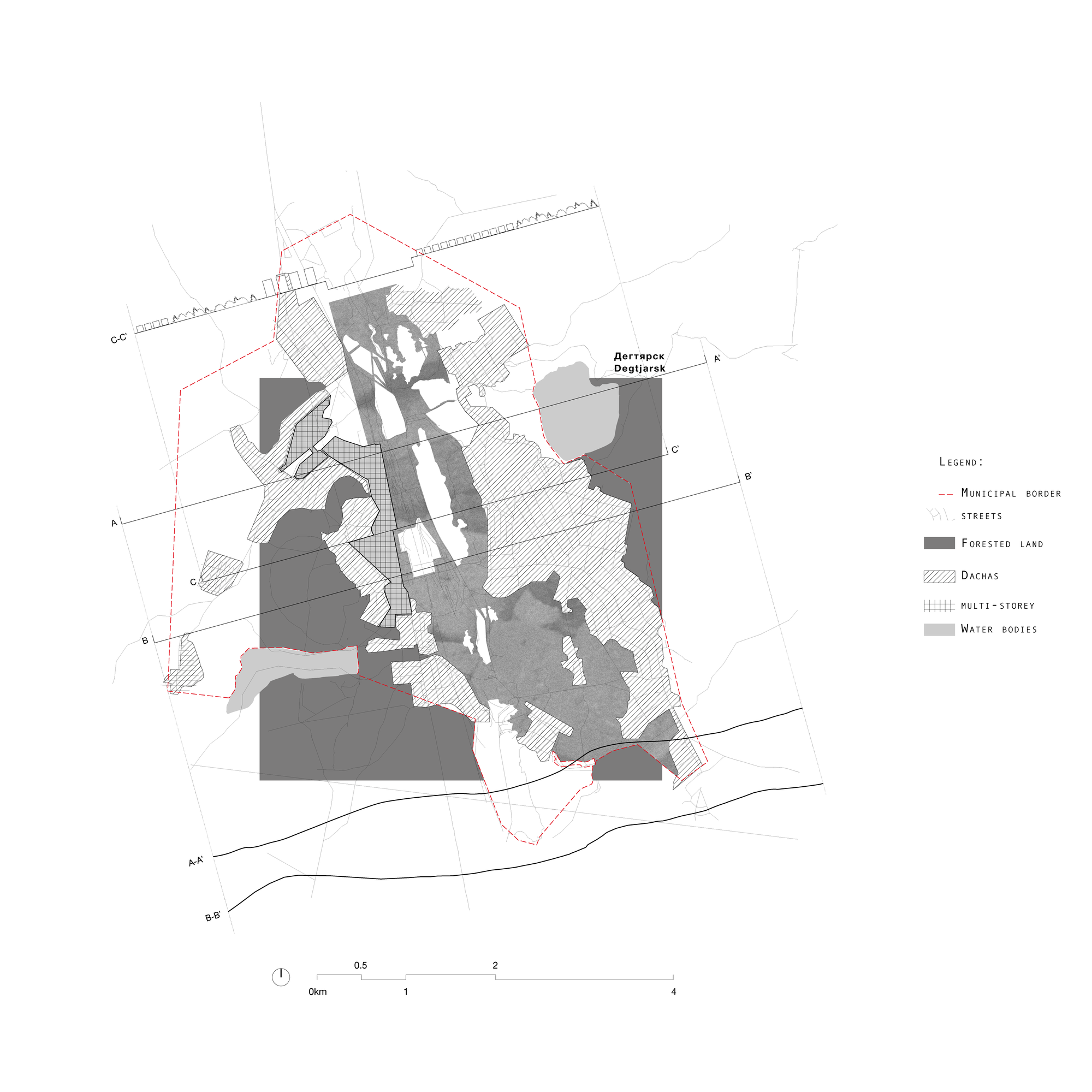Figure 4. Mapping of the urban texture and transversal sections underlying the concentric role of the inner industrial area.