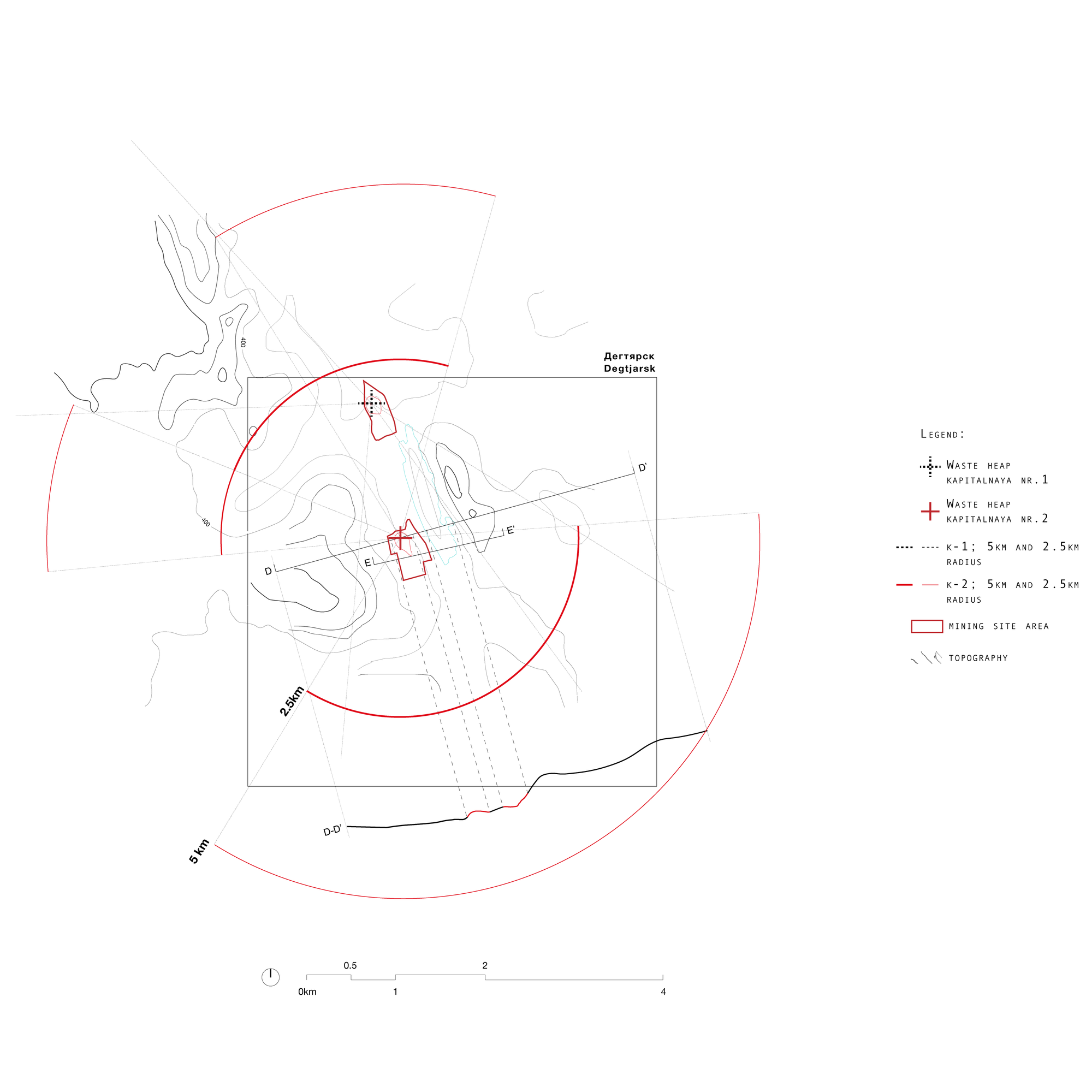 Figure 6. Out-of-place artifacts: mapping of the visibility radius of the two massive waste heaps in Degtjarsk. The result of industrial activities represents an aesthetic and territorial dominant, the artificial mountains are constantly visible from each side of town.