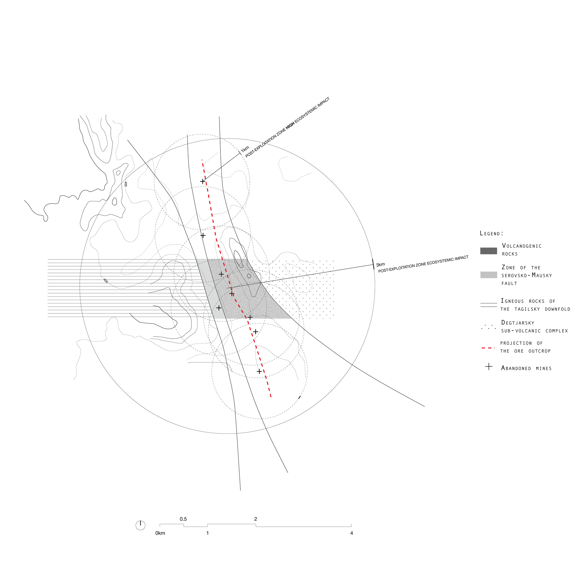 Figure 8. Mapping of the impact of mining activities on the chemical compositoin of the soil. Following the industrial area, an ore outcrop line establishes a different geological composition for the north-south axis of high ecosystemic impact zones.