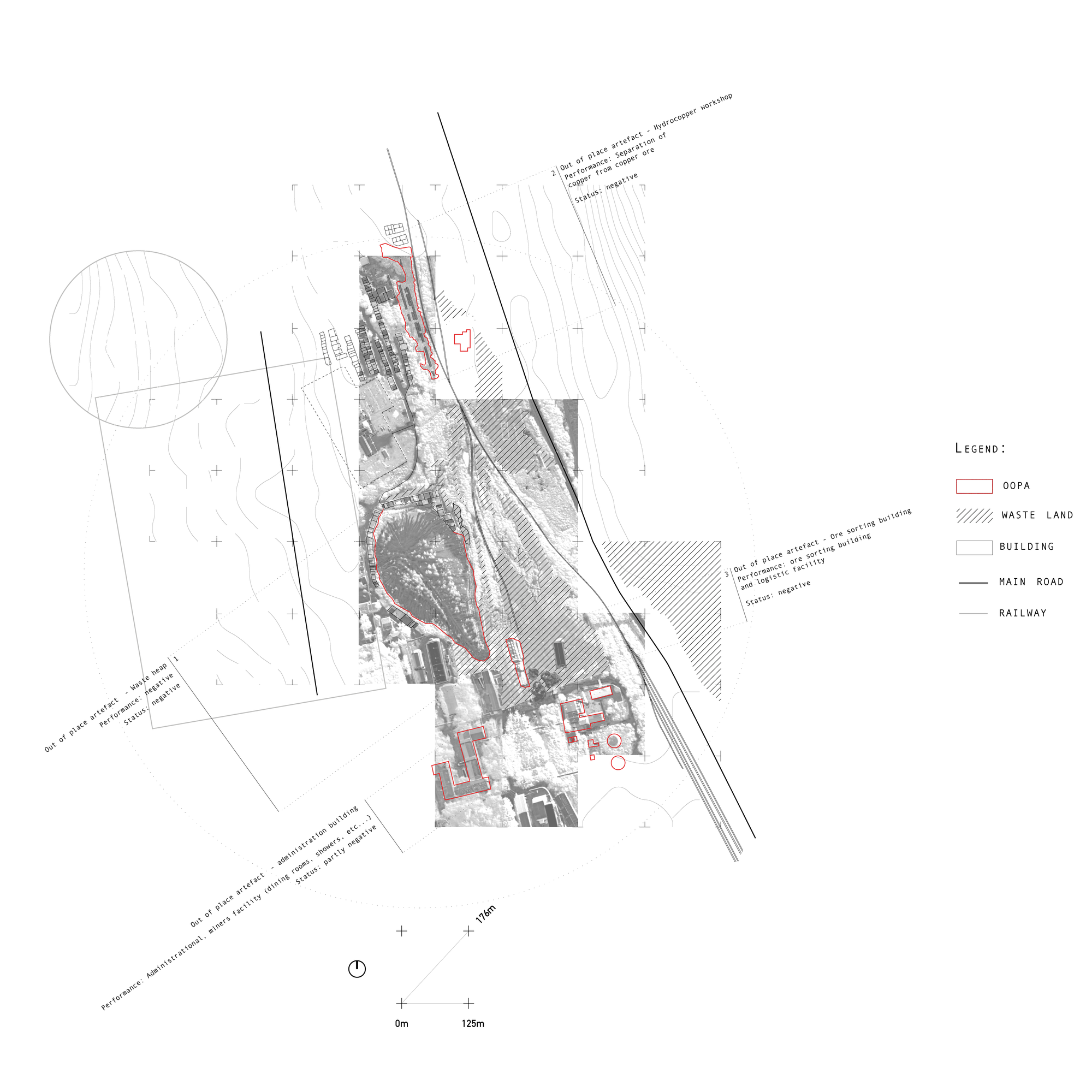 Figure 10. Out-of-place artifacts: Site analysis of the location and original function of the former mining infrastructure in the Kapitalnaya nr2 mining site.
