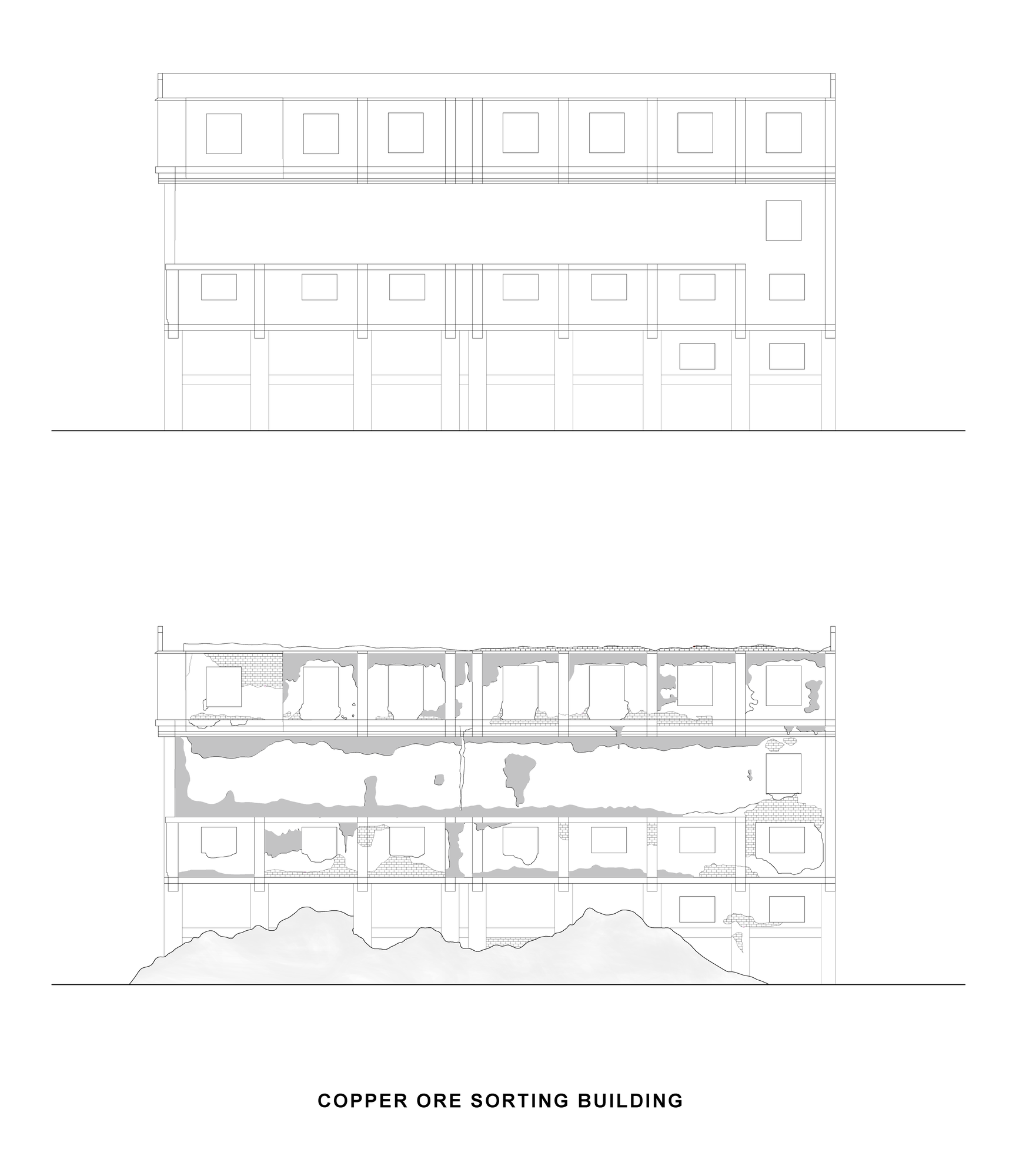 Figure 16. Process of erosion and material decay of the ore sorting building. From rigid to enthropic configuration
