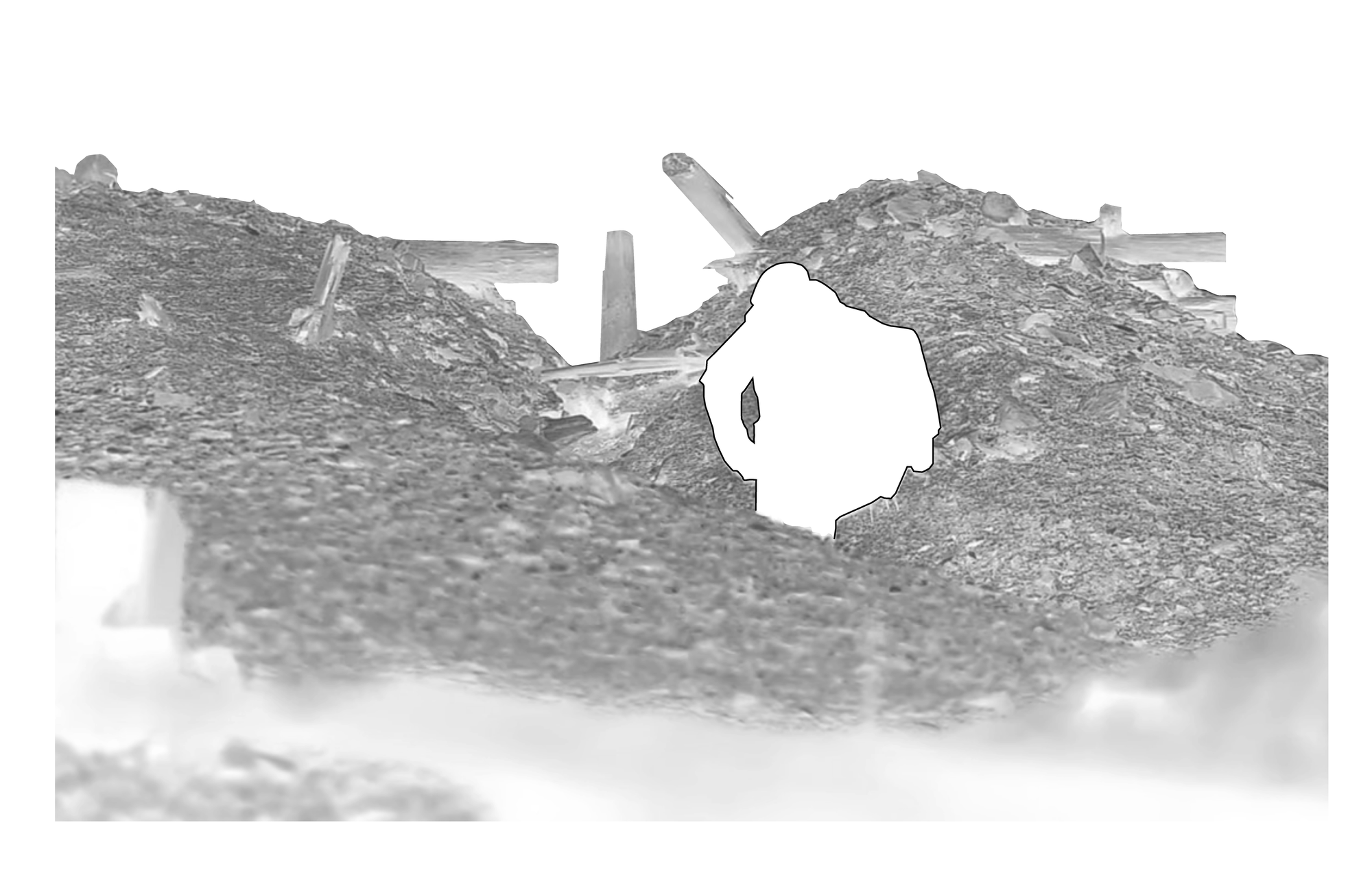 Figure 18. Graphical re-elaboration of urban situationism in Degtjarsk. A person is climbing and exploring the waste heap of Kapitalnaya nr2.