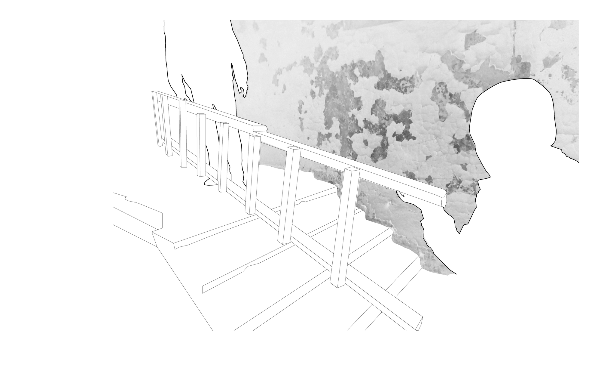 Figure 19. Graphical re-elaboration of urban situationism in Degtjarsk. People are grabbing and transporting an old ladder in the former ore sorting building.