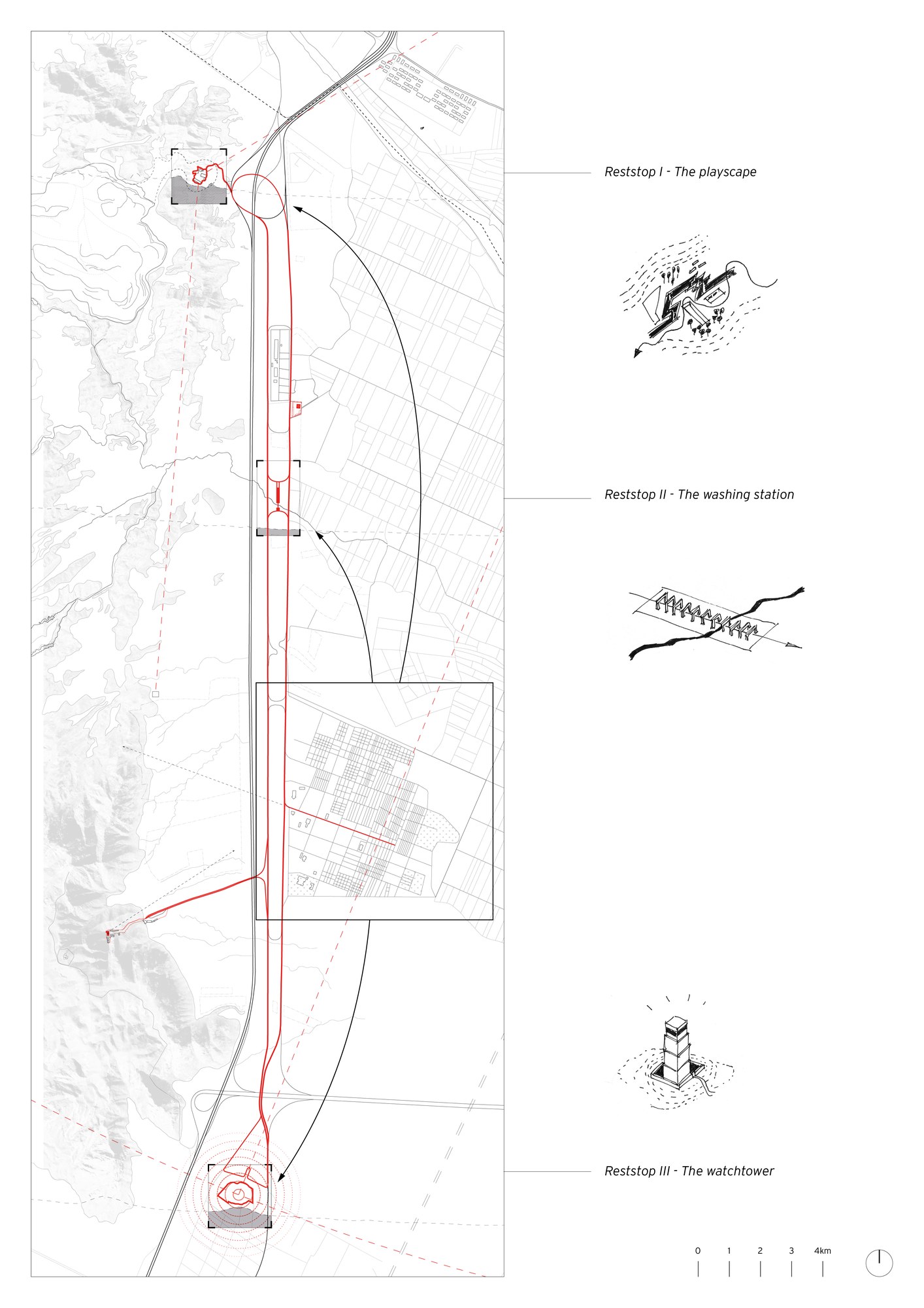 Figure 1 – Plan drawing of peri-urban landscape showing the three sites