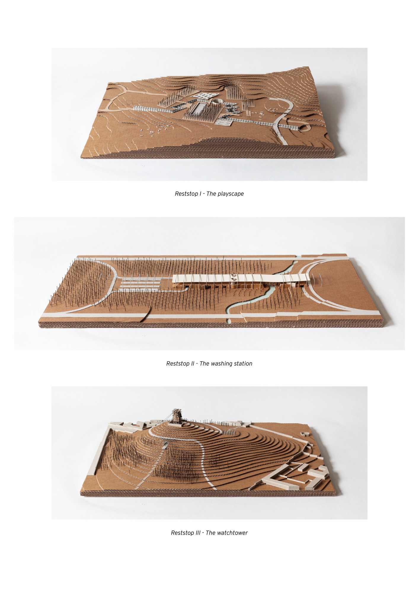 Figure 2 -Models of the three designs. Top to bottom: playscape, washing station, view tower