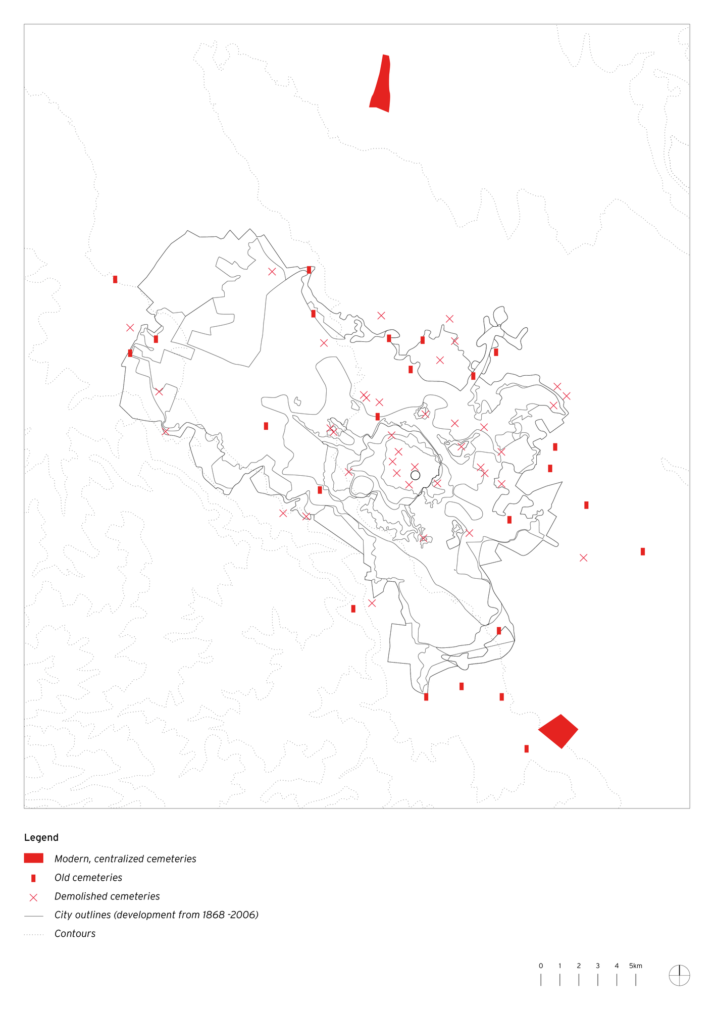 Figure 3. Map that depicts Mashhad’s growth in relation to the disappearance of cemeteries.