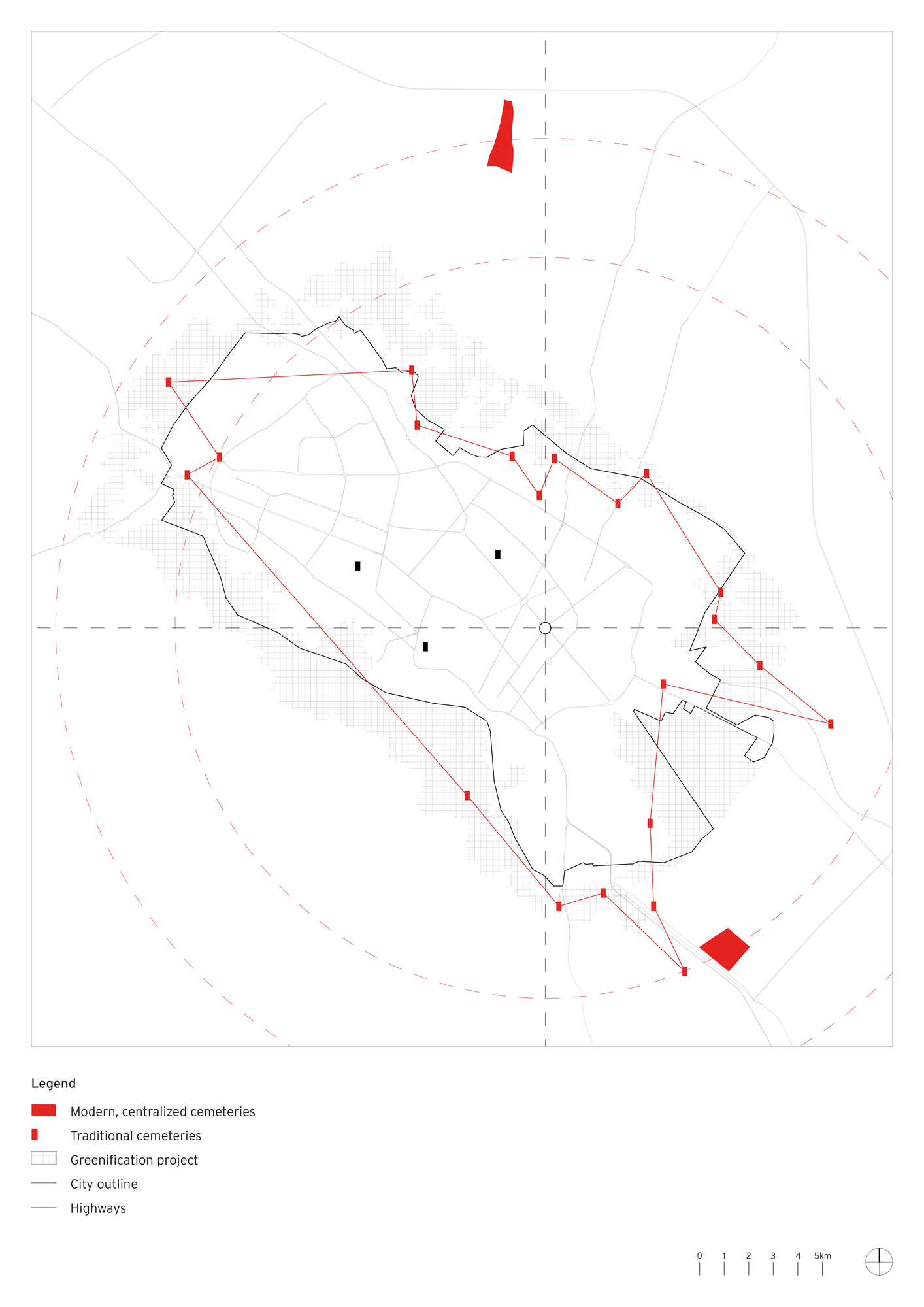 Figure 4. Map that depicts how the left-over traditional cemeteries are scattered around the greenified peri-urban area.