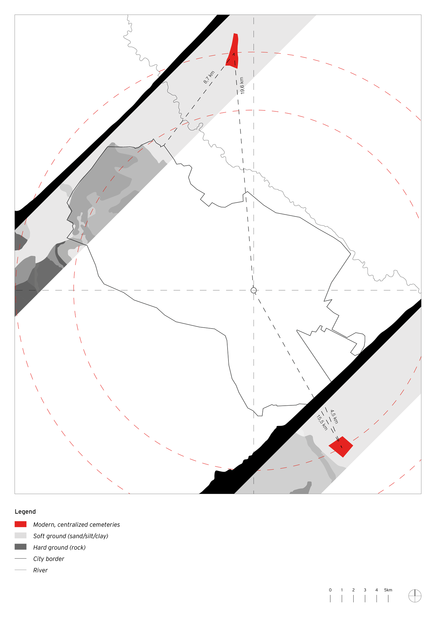 Figure 5. Map that depicts the relation between ground type and modern cemeteries.